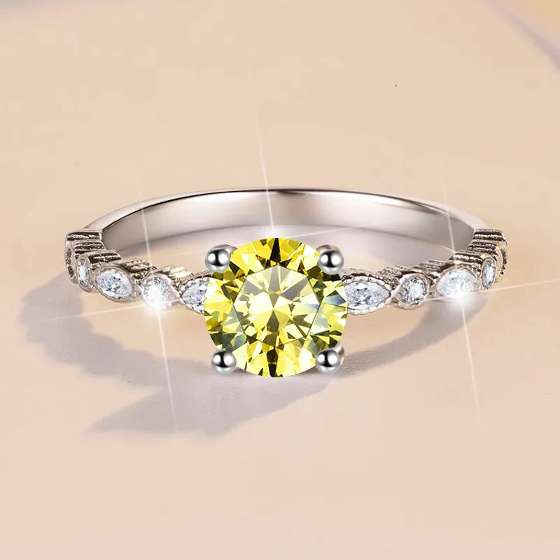 Women S925 Sterling Silver Moissanite Ring D Color Round 1CT Brilliant Diamond Finger Band Wedding Birthday Gift Fashion Jewelry