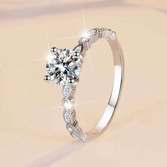 Women S925 Sterling Silver Moissanite Ring D Color Round 1CT Brilliant Diamond Finger Band Wedding Birthday Gift Fashion Jewelry