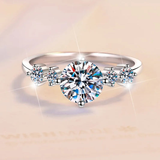 Real Moissanite 925 Sterling Silver Women Ring 1CT Round D Color VVS1 3EX Cut Round Diamond Finger Band Luxury Jewelry
