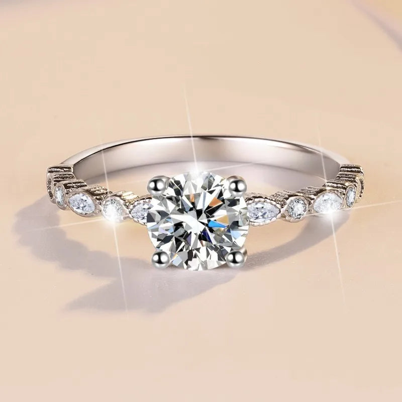 Women S925 Sterling Silver Moissanite Ring D Color Round 1CT Brilliant Diamond Finger Band Wedding Birthday Gift Fashion Jewelry