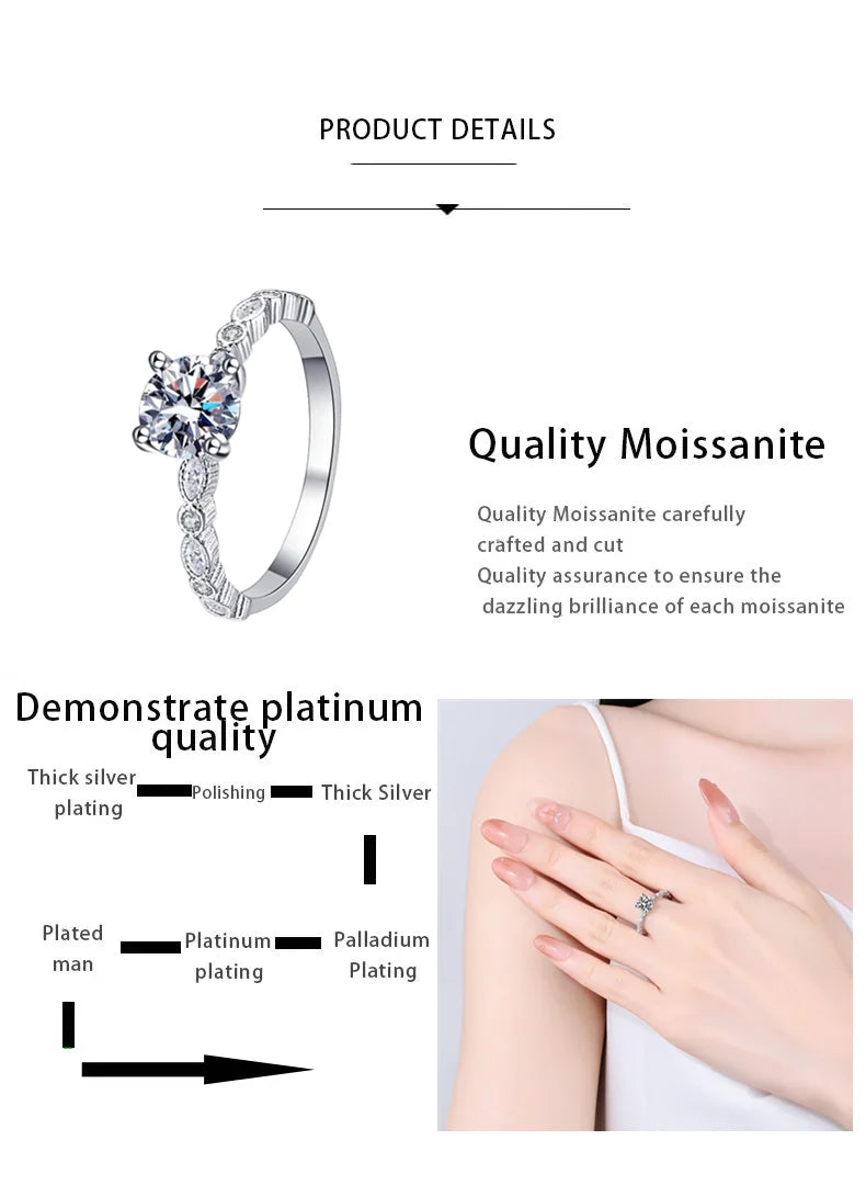 Women S925 Sterling Silver Moissanite Ring D Color Round 1CT Brilliant Diamond Finger Band Wedding Birthday Gift Fashion Jewelry