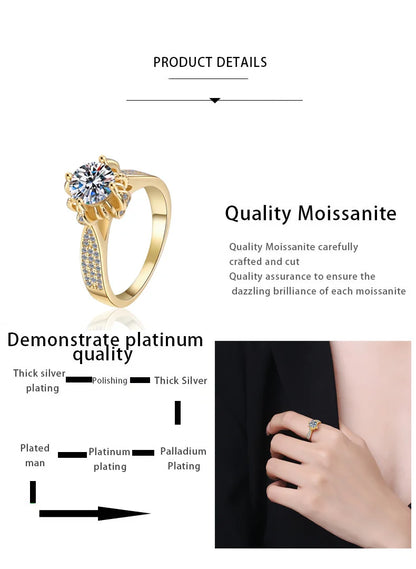Real 1CT 6.5mm Moissanite Ring Brilliant DiamondS 925 Sterling Silver Plated 18K Gold Finger Band Women's Fashion Jewelry