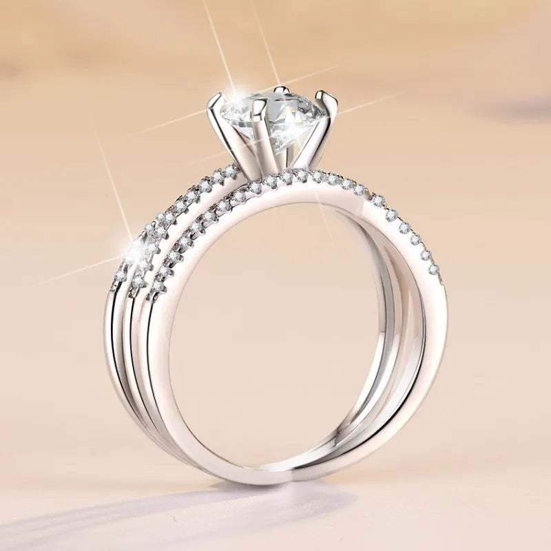 S925 Sterling Silver Moissanite D Color Round 1CT Brilliant Diamond Ring Women Finger Band Wedding Birthday Gift Fashion Jewelry